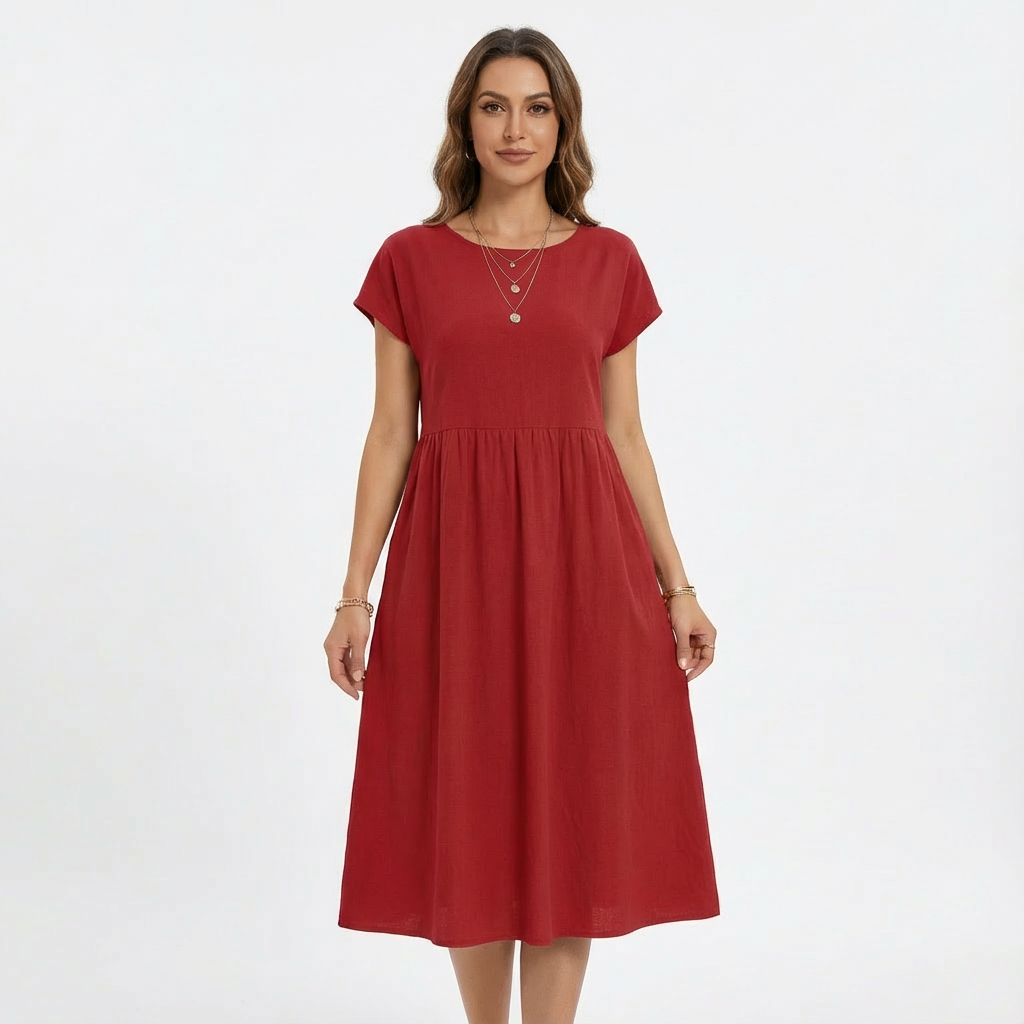 Ruby | Women's Midi Dress With Round Neckline And Gathered Waist | Relaxed