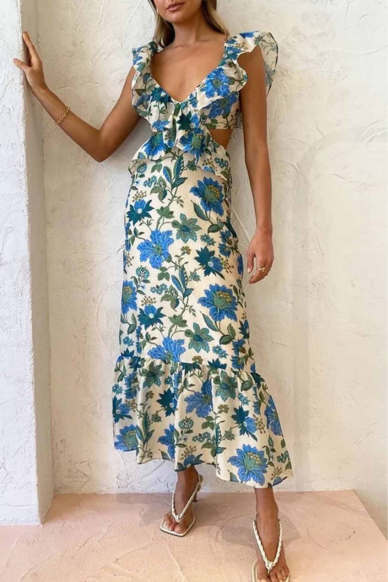 ROMANTIC FLORAL MAXI DRESS WITH RUFFLES FOR WOMEN