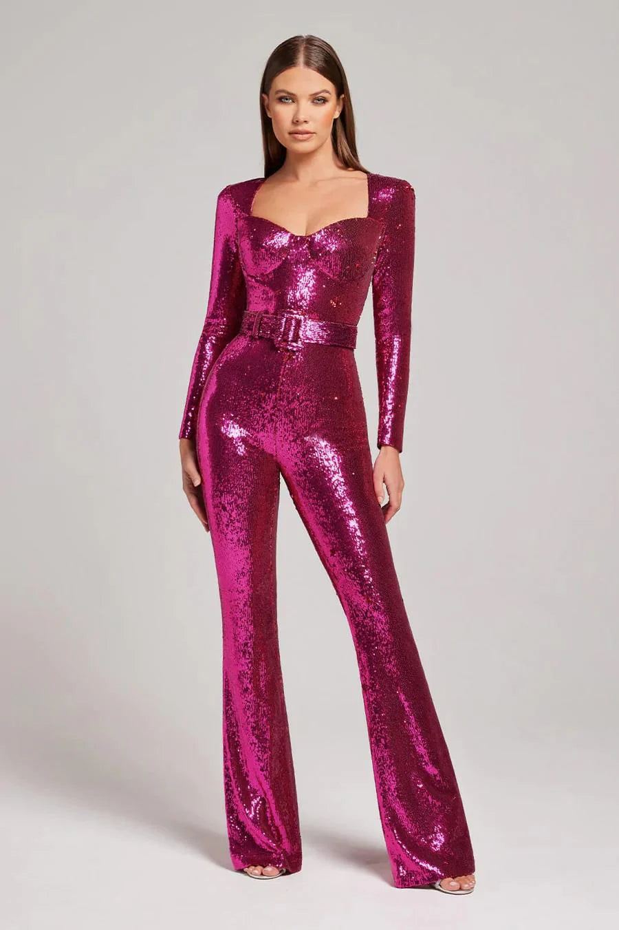 WOMEN'S SEQUIN BELTED EVENING JUMPSUIT WITH LONG SLEEVES