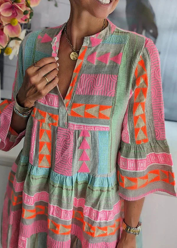 STYLISH COTTON HEMP V-NECK BOHO MIDI SUMMER DRESS