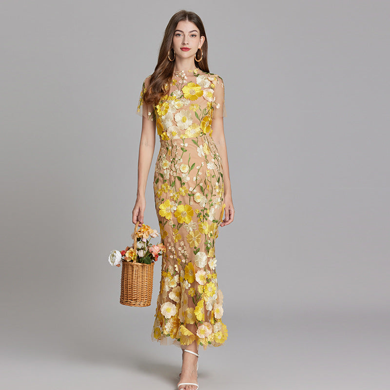 Women's Floral Embroidered Maxi Dress With Short Sleeves