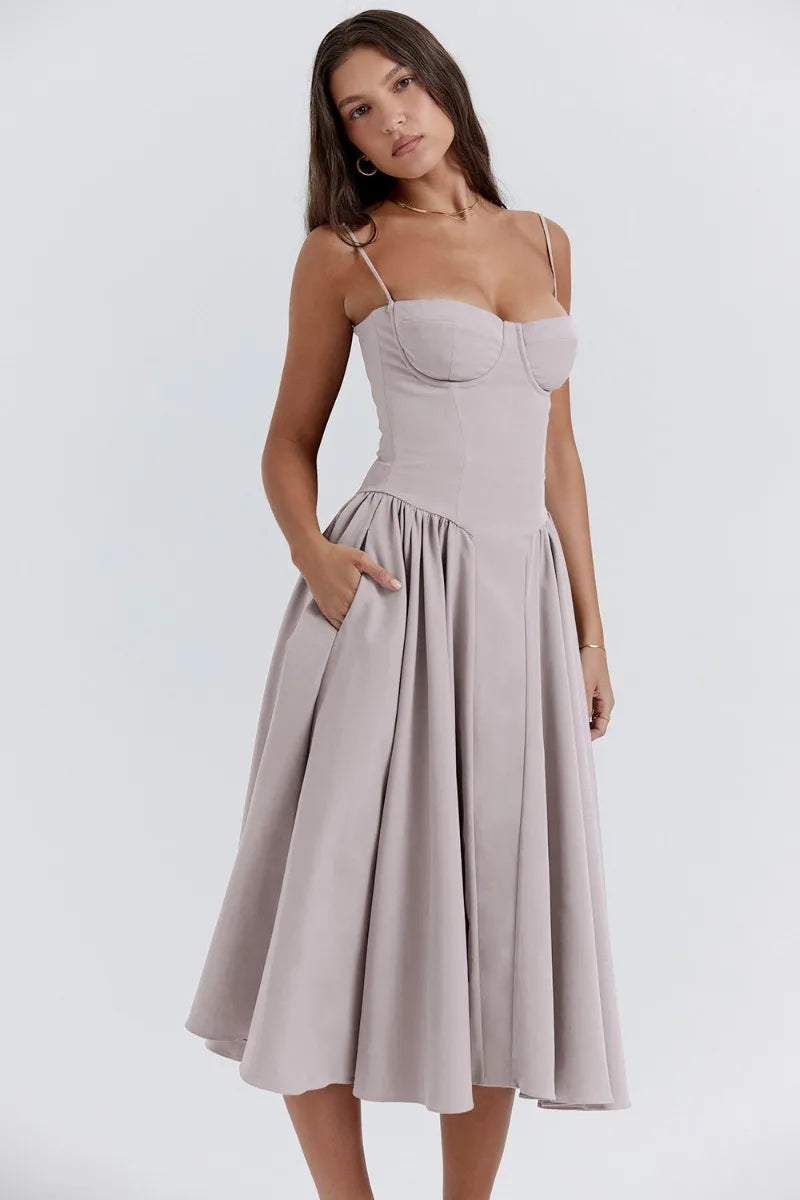 Women's Summer Midi Dress With Strapless Neckline & Pleated Skirt