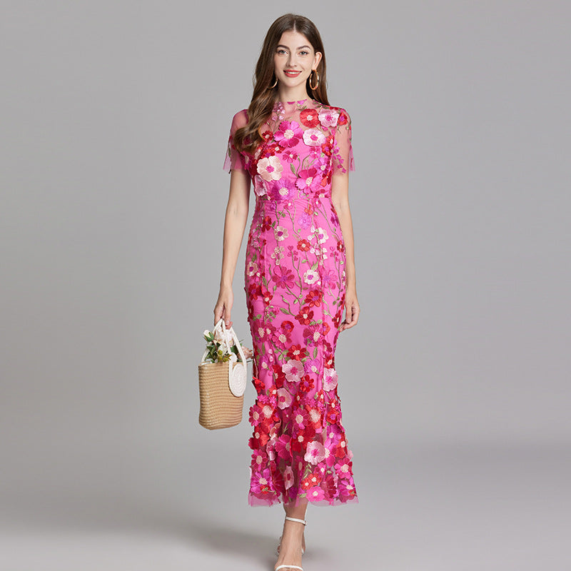 Women's Floral Embroidered Maxi Dress With Short Sleeves