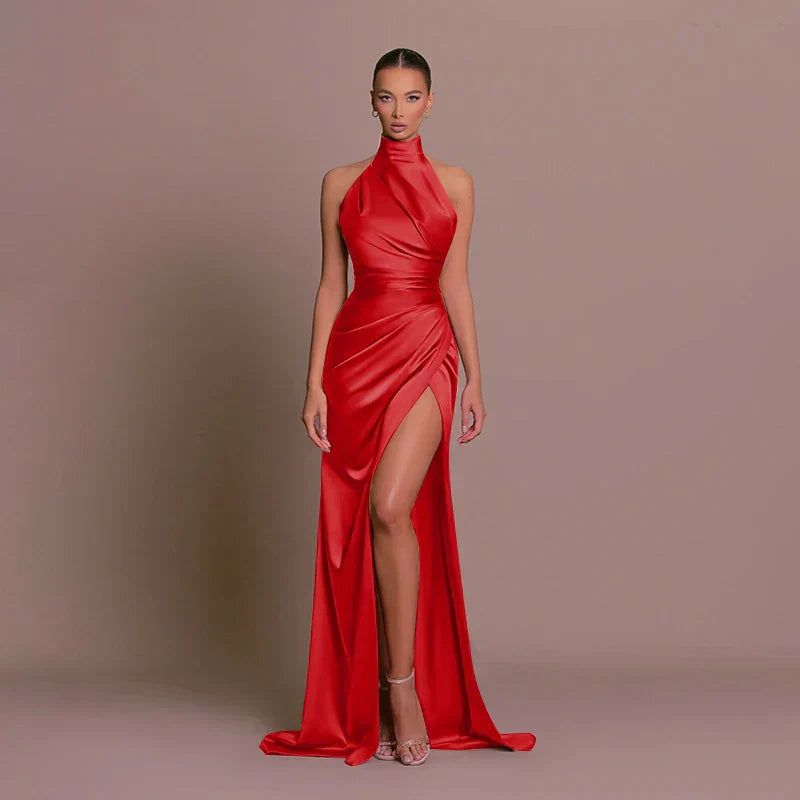 HALTER NECK FORMAL SATIN MAXI WEDDING GUEST DRESS