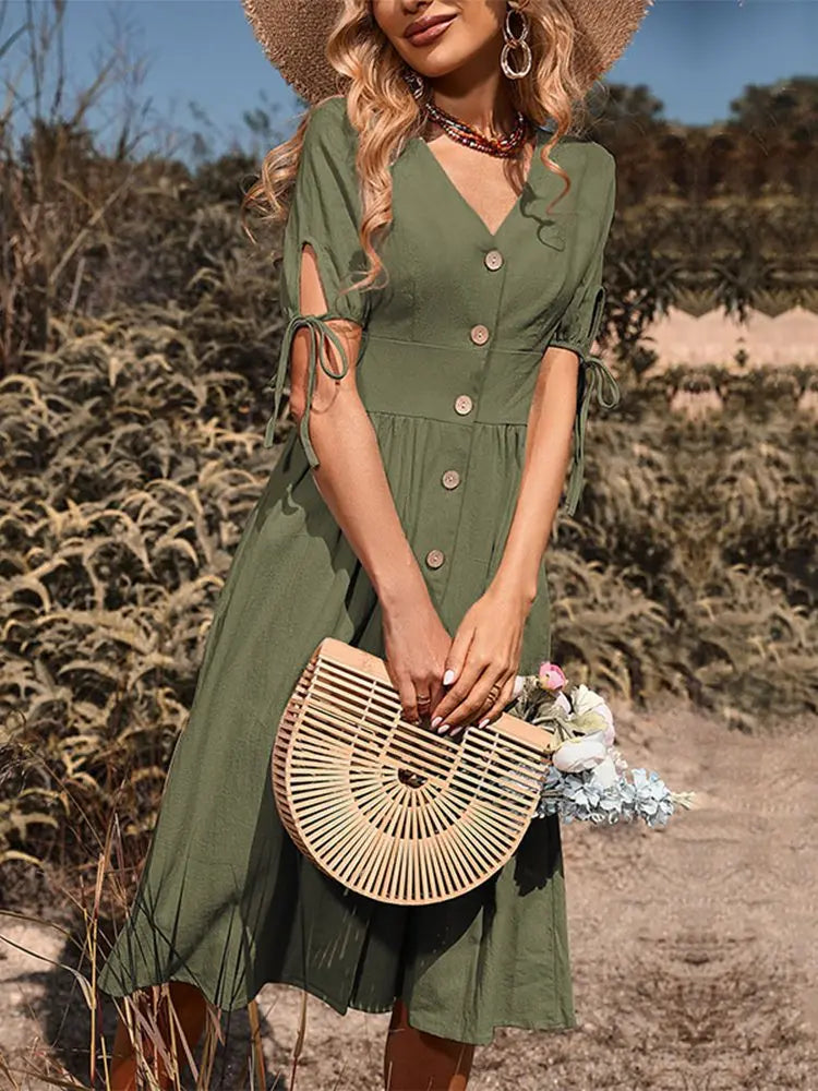 Women's Cotton Summer Midi Dress With V-neck And Button Front