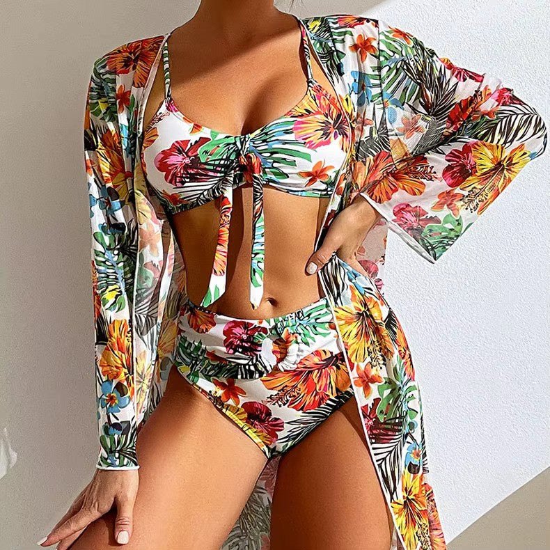 Women's Floral High Waist Bikini Set With Matching Cover-up