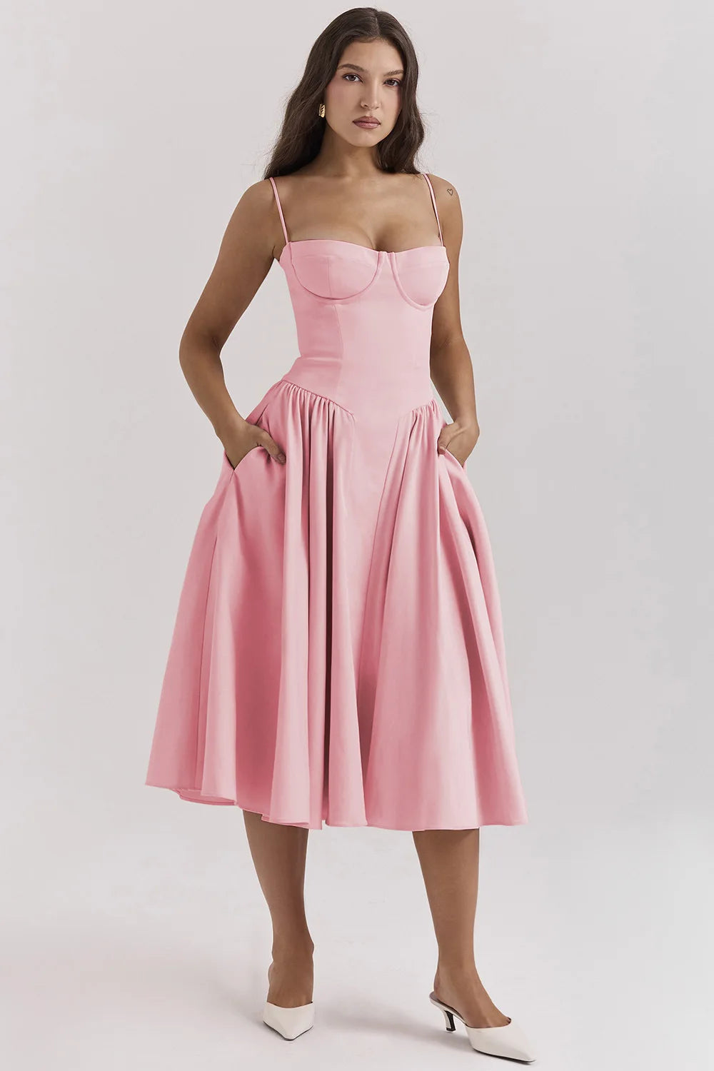 Women's Summer Midi Dress With Strapless Neckline & Pleated Skirt