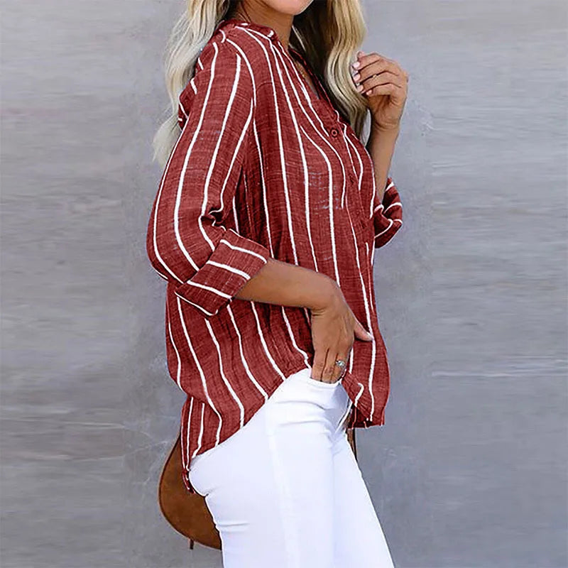 Women's Striped Blouse With Long Sleeves And V-neck