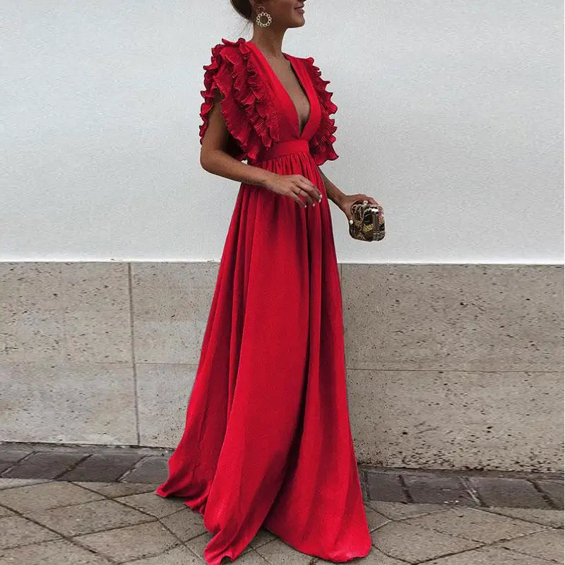 Women's Maxi Evening Dress With Ruffled Sleeves And Deep V-neck