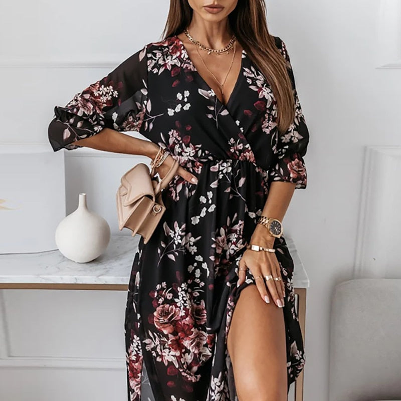 Women's Printed Wrap Midi Dress With V-neck & Half Sleeves