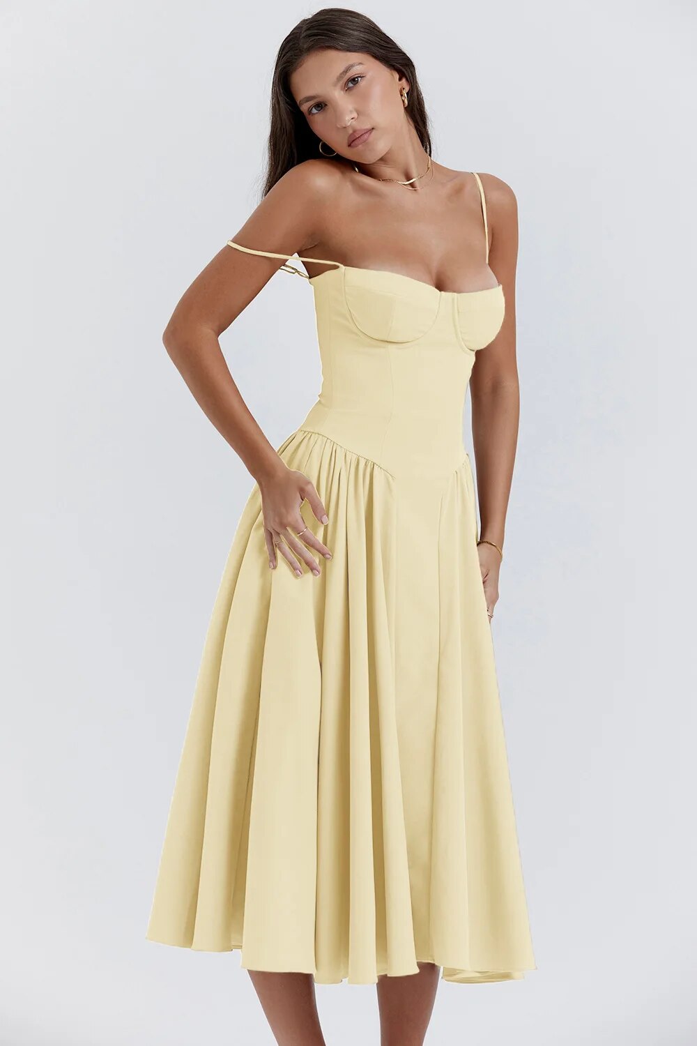 Women's Summer Midi Dress With Strapless Neckline & Pleated Skirt