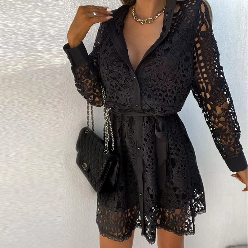Women's Summer Lace Mini Dress With Long Sleeves And Belt