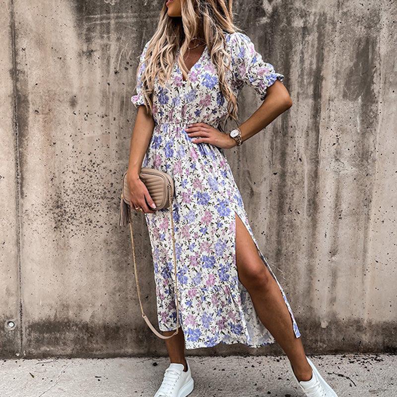 Women's Summer Floral Midi Dress with V-neck and Side Slit