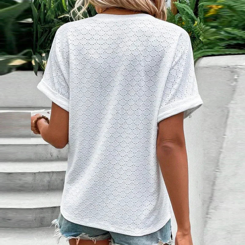 Women's Textured Blouse With V-neck And Short Sleeves