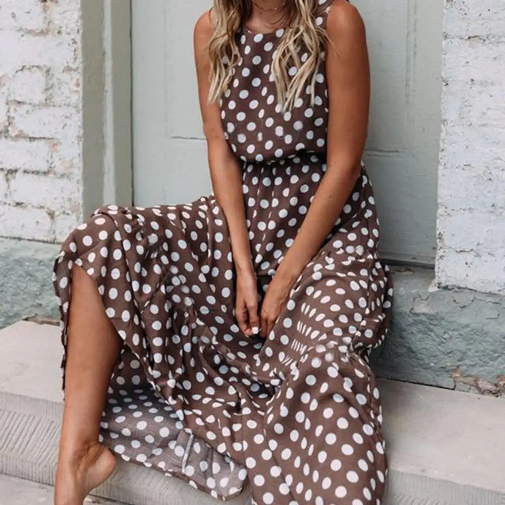 Women's Polka Dot Maxi Dress With Sleeveless Design