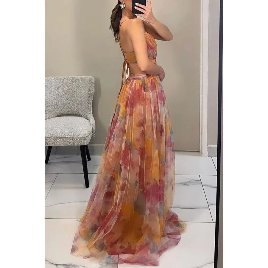 Women's Wedding Guest Maxi Dress With Spaghetti Straps & Flowy Skirt