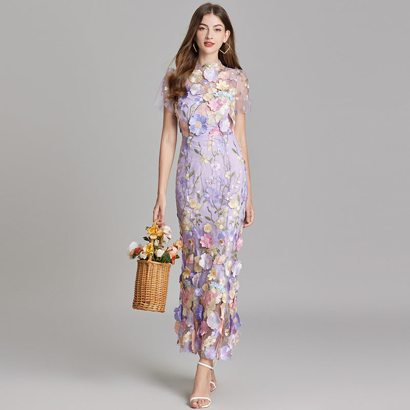 Women's Floral Embroidered Maxi Dress With Short Sleeves