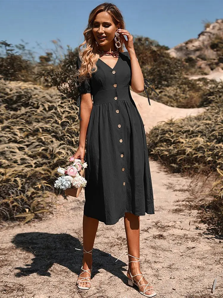 Women's Cotton Summer Midi Dress With V-neck And Button Front