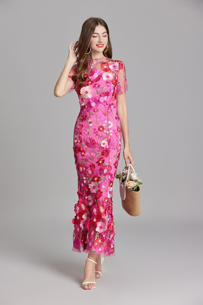 Women's Floral Embroidered Maxi Dress With Short Sleeves