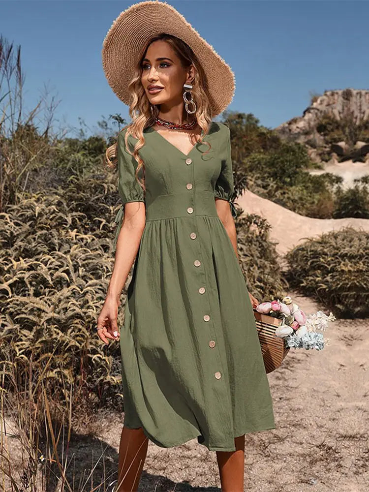 Women's Cotton Summer Midi Dress With V-neck And Button Front