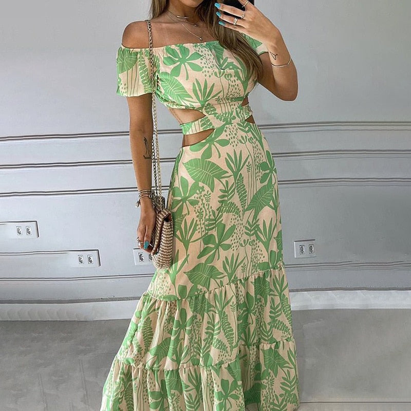 Women's Floral Maxi Dress With Cutout And Tiered Skirt