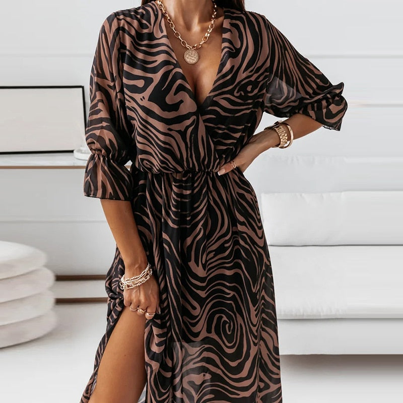 Women's Printed Wrap Midi Dress With V-neck & Half Sleeves
