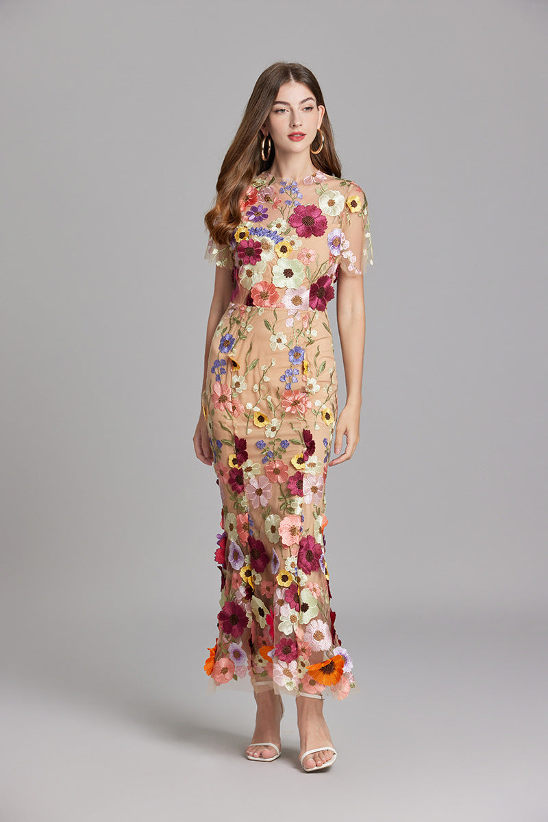 Women's Floral Embroidered Maxi Dress With Short Sleeves