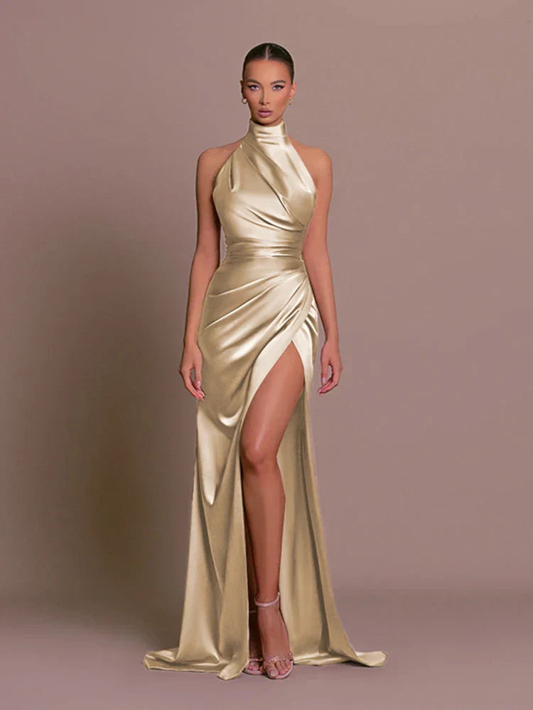 HALTER NECK FORMAL SATIN MAXI WEDDING GUEST DRESS