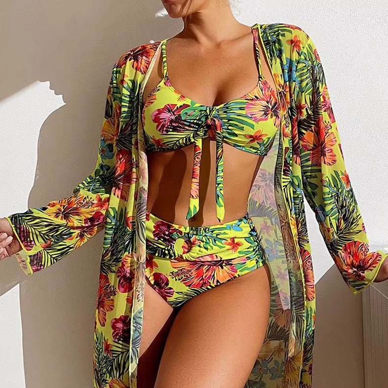 Women's Floral High Waist Bikini Set With Matching Cover-up