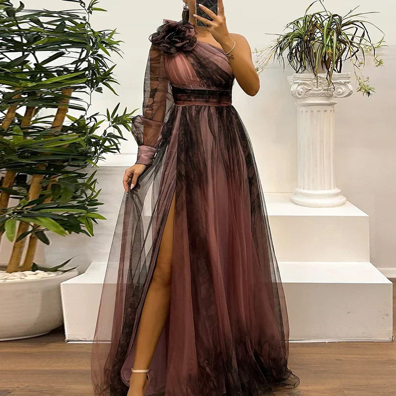 MESH OVERLAY MAXI DRESS WITH SPLIT