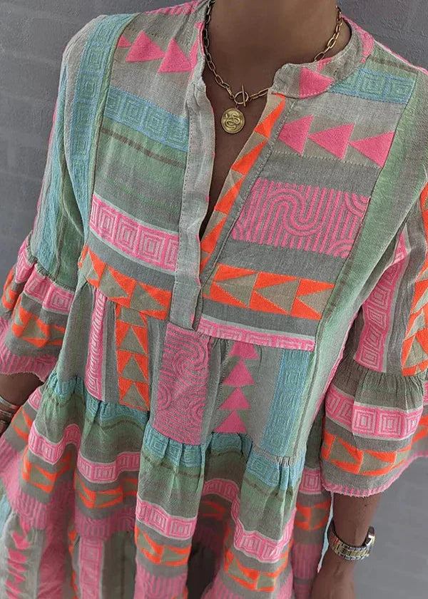 STYLISH COTTON HEMP V-NECK BOHO MIDI SUMMER DRESS