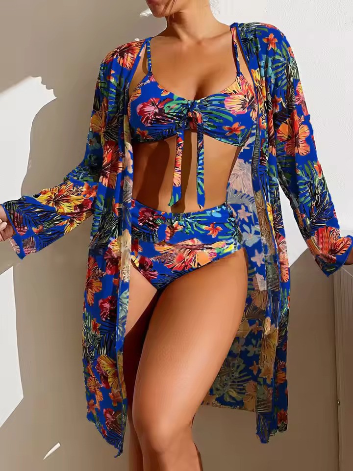 Women's Floral High Waist Bikini Set With Matching Cover-up
