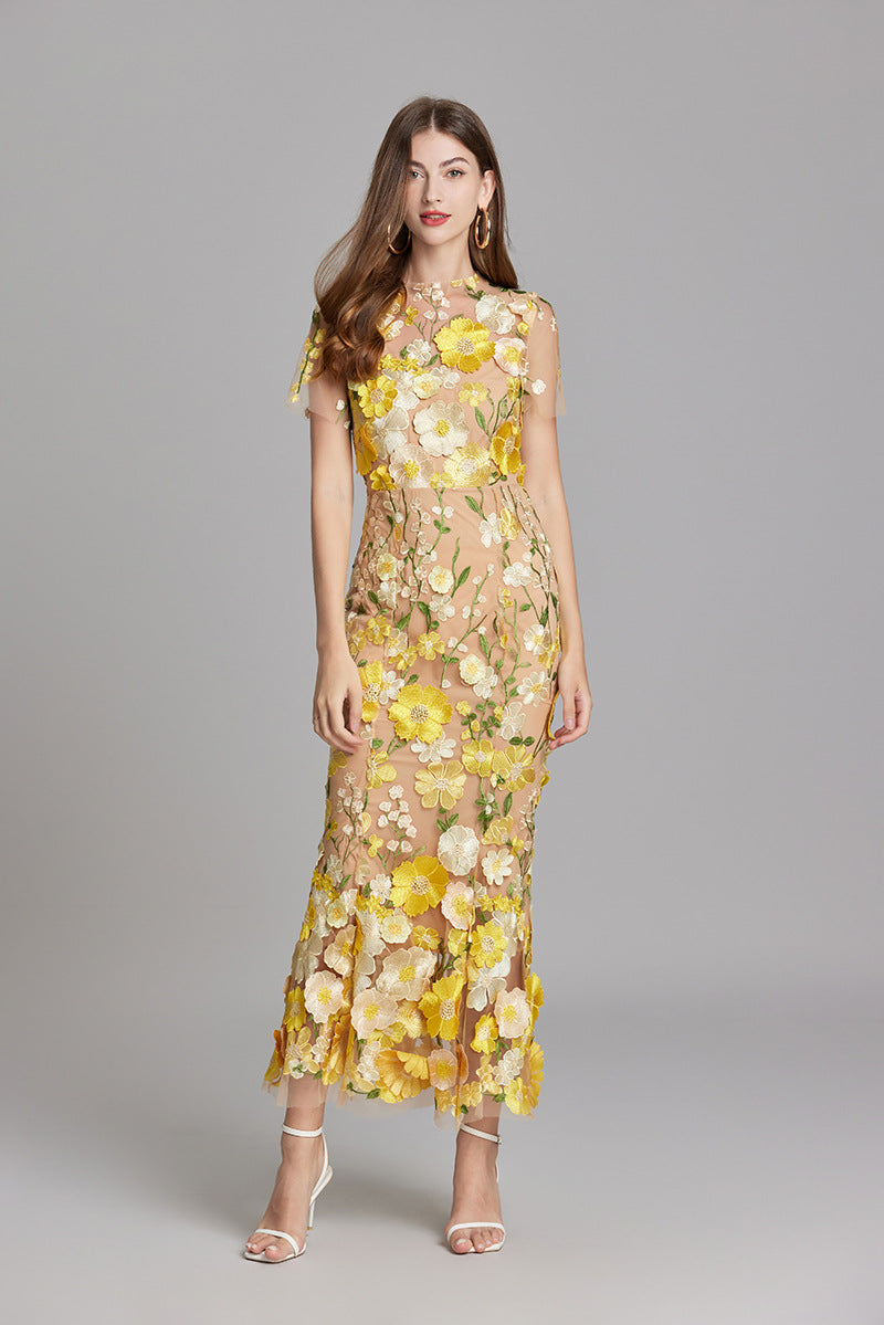 Women's Floral Embroidered Maxi Dress With Short Sleeves