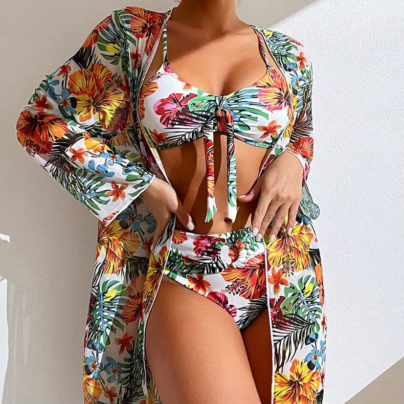Women's Floral High Waist Bikini Set With Matching Cover-up
