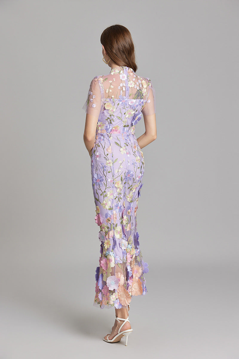 Women's Floral Embroidered Maxi Dress With Short Sleeves