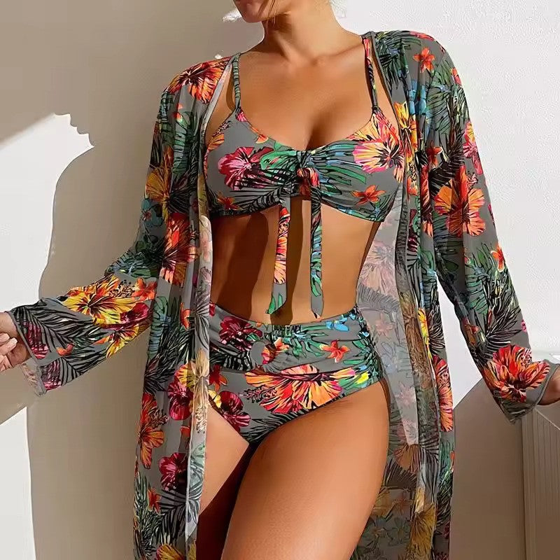 Women's Floral High Waist Bikini Set With Matching Cover-up