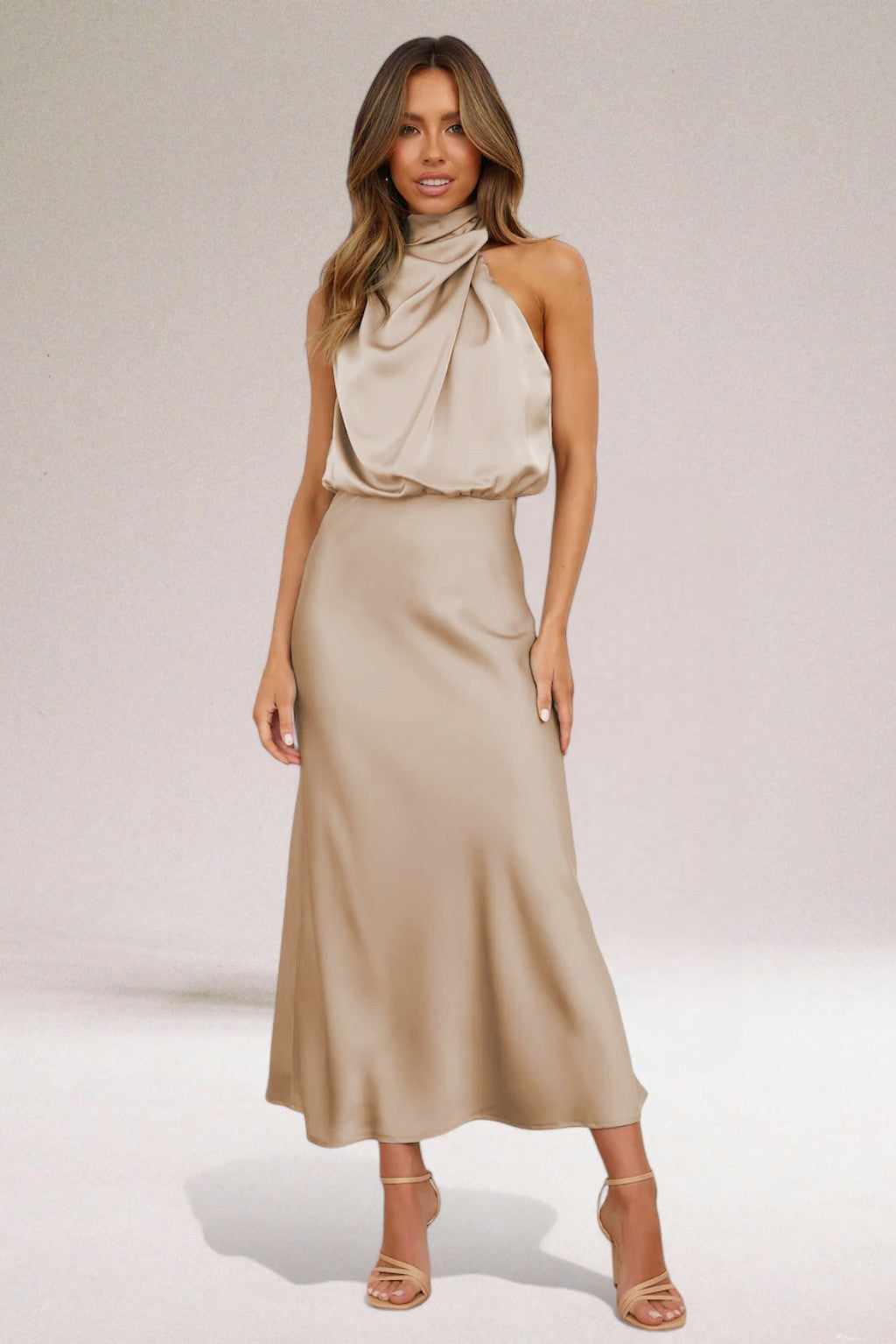 Women's Satin Maxi Dress With Halter Neckline