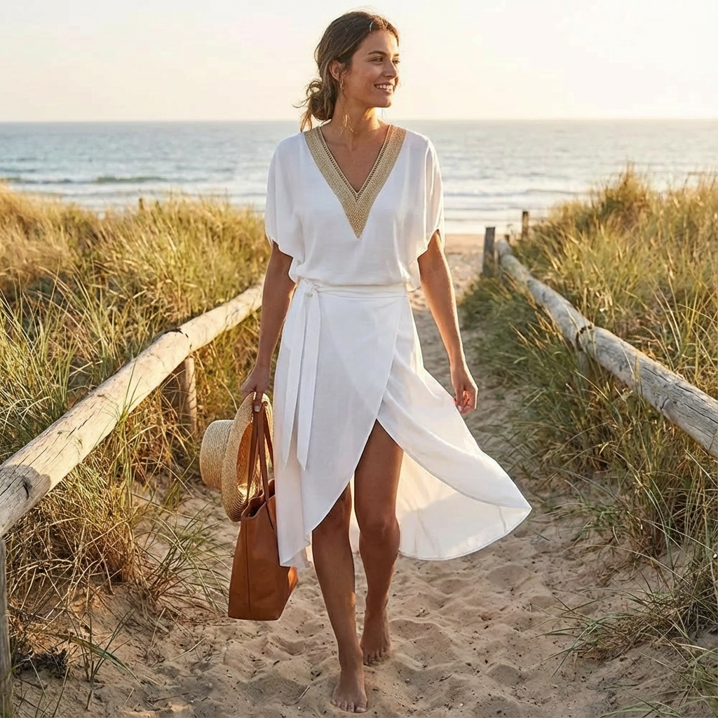 Sabrina | Women's Wrap V-Neck White Midi Dress