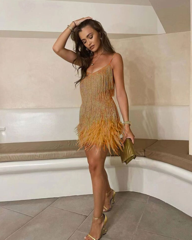 Women's Sequined Mini Dress With Spaghetti Straps & Feather Hem