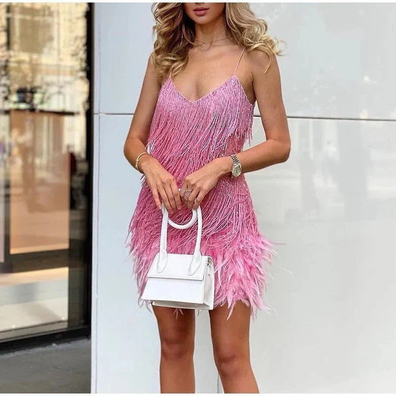 Women's Sequined Mini Dress With Spaghetti Straps & Feather Hem