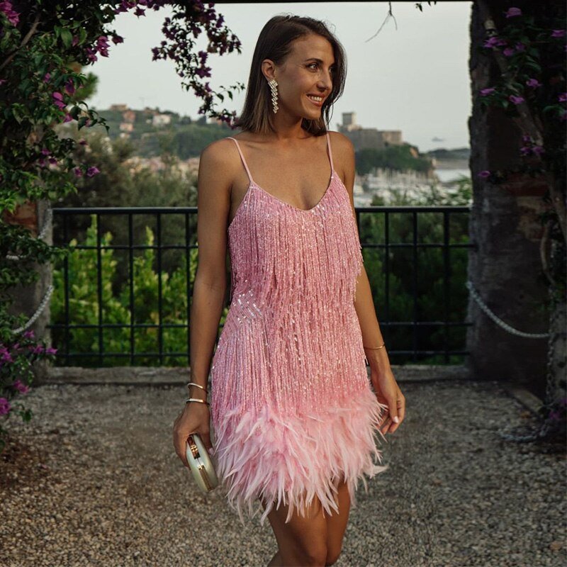 Women's Sequined Mini Dress With Spaghetti Straps & Feather Hem