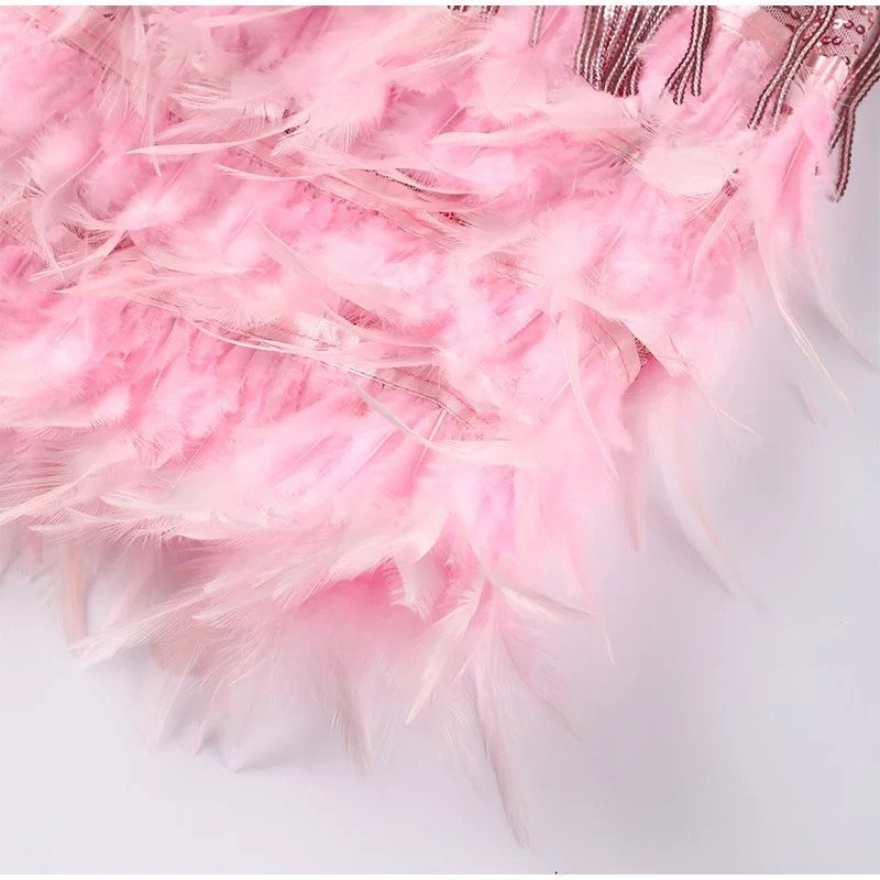 Women's Sequined Mini Dress With Spaghetti Straps & Feather Hem