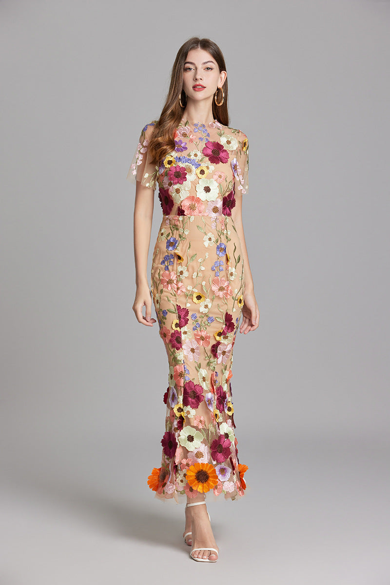 Women's Floral Embroidered Maxi Dress With Short Sleeves