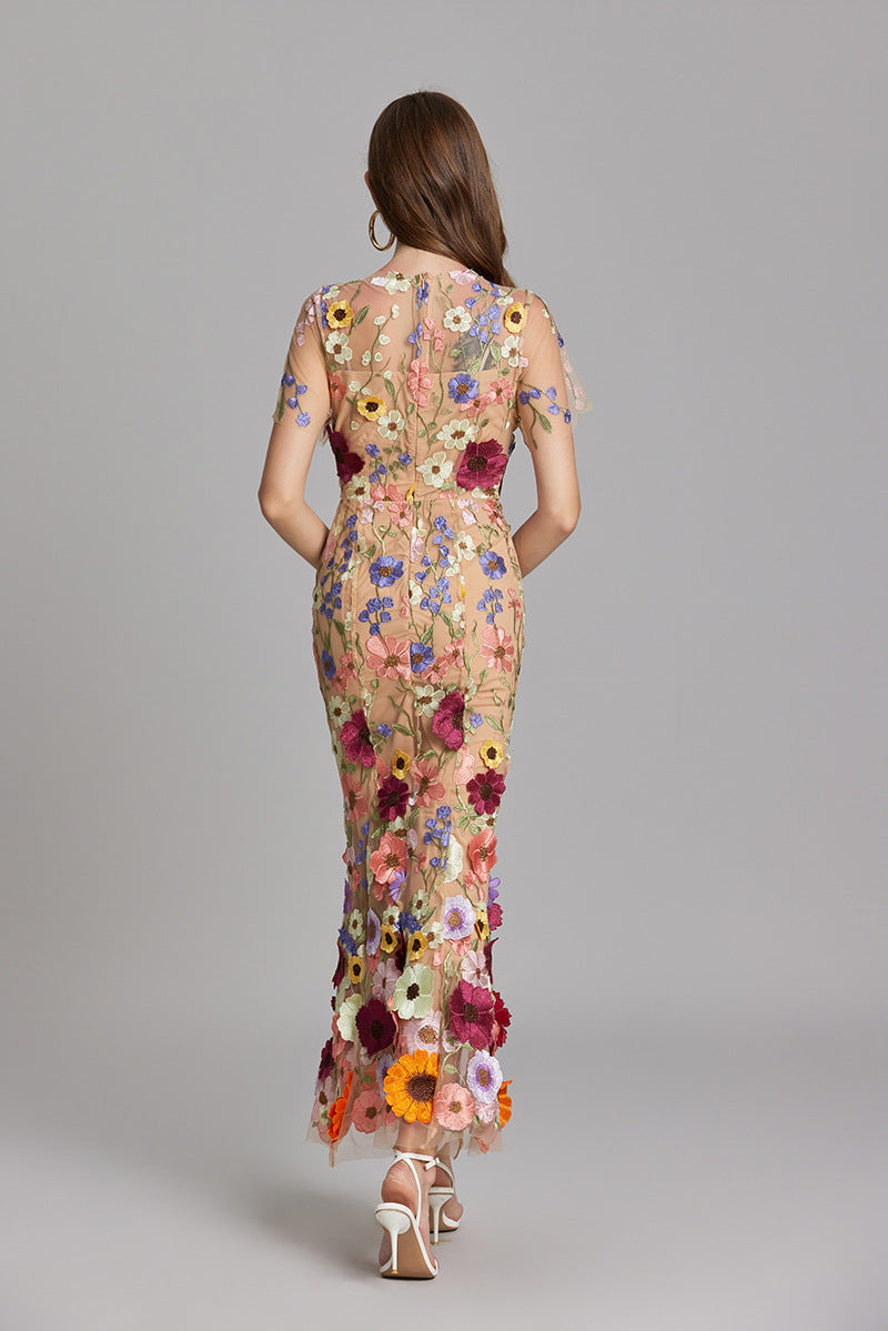 Women's Floral Embroidered Maxi Dress With Short Sleeves
