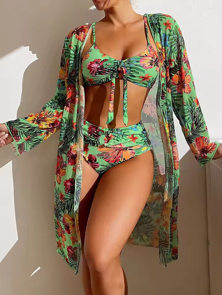Women's Floral High Waist Bikini Set With Matching Cover-up