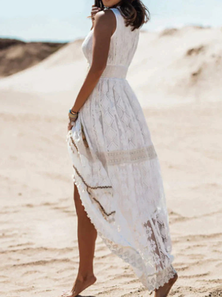 WOMEN'S BOHO MAXI DRESS WITH LACE DETAIL AND V-NECK