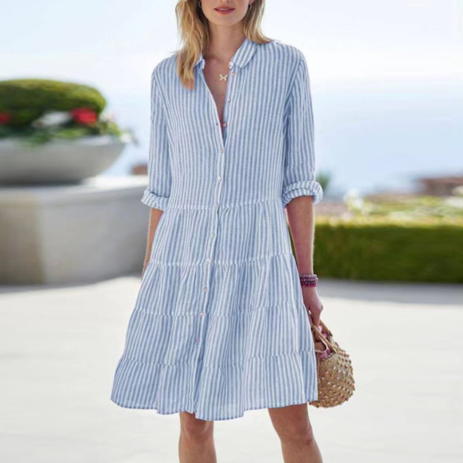 Women's Striped Cotton Summer Shirt Dress With Long Sleeves