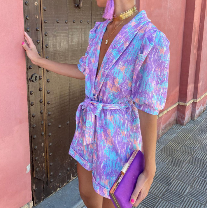 Women's Summer Printed Jumpsuit With Puff Sleeves & V-neck