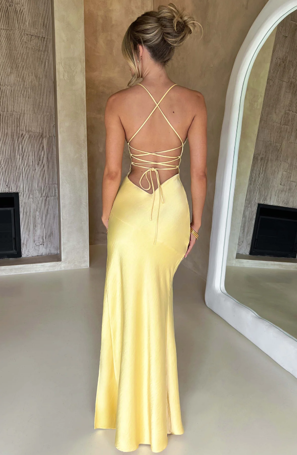 Women's Satin Maxi Dress With Spaghetti Straps And Open Back