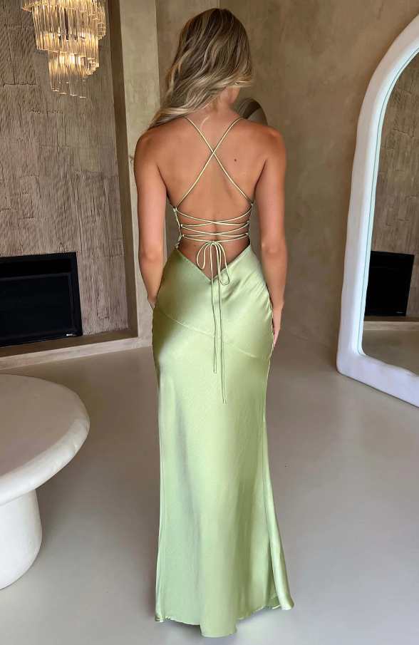 Women's Satin Maxi Dress With Spaghetti Straps And Open Back